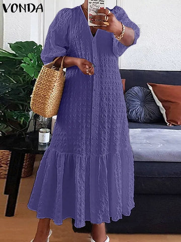 Image of Women Shirt Dress Sexy V Neck Buttons Half Sleeve Long Maxi Bohemian-FrenzyAfricanFashion.com