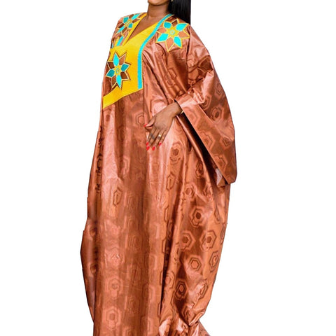 Image of African Dress For Woman Plus Size Dress Bazin Riche Embroidery With Embroidery Floor Long Dress With Scarf-FrenzyAfricanFashion.com