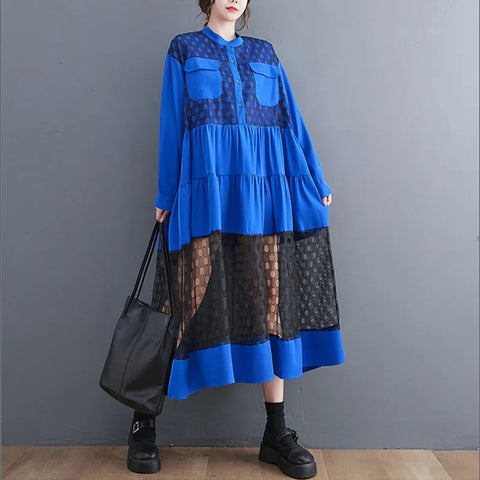 Image of long sleeve oversized mesh vintage dresses for women casual loose spring autumn dress elegant clothing 2023-FrenzyAfricanFashion.com