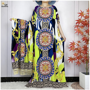 Women Short Sleeve Cotton Loose Femme Robe Dresses With Big Scarf-FrenzyAfricanFashion.com