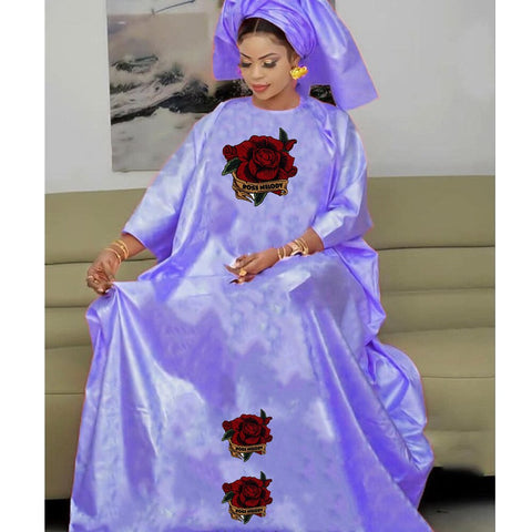 Image of Bazin Dresses With Headscarf Women African Traditional Evening Gowns-FrenzyAfricanFashion.com