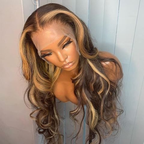 Image of Highlight Wig Human Hair Honey Blonde Body Wave Lace Front Wig 30 32 Inch Brazilian Hair Wigs For Women 13x4 Hd Lace Frontal Wig-FrenzyAfricanFashion.com