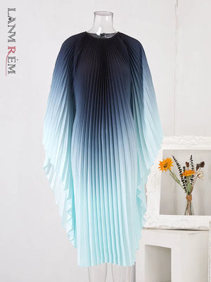 Pleated Gradient Belt Dress For Women Round Neck Batwing Sleeves Fashion Dresses Female-FrenzyAfricanFashion.com