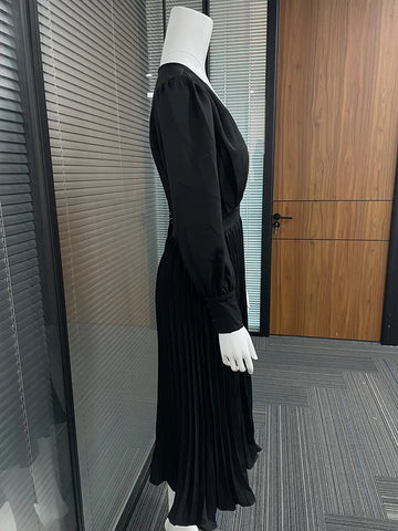Image of Drauuing Black Ankle Length Dresses Women V Neck Long Sleeve Loose Elegant Office Lady Fold Dresses Women Autumn New-FrenzyAfricanFashion.com