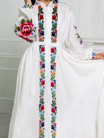 Image of Plus Size Shirt Dress Women Long Sleeve Floral Print Buttoned Tunic Elegant Casual Midi Dress Turn Down Collar White Dress-FrenzyAfricanFashion.com