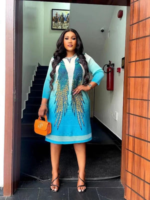 Pleated Miyake Dress Fashion Round Neck Printed Long Sleeve Loose Knee-Length Dresses-FrenzyAfricanFashion.com