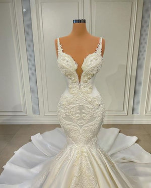 Vintage Sexy Mermaid Wedding Dress 2022 V-neck Sleeveless Pearls Lace African Women White Bridal Wedding Gowns