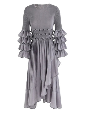 Image of Fashion Pleated Dress O-Neck Long Sleeved Solid Color-FrenzyAfricanFashion.com