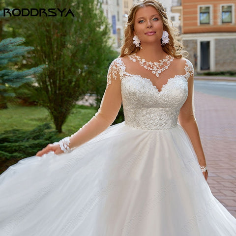 Image of Illusion O-Neck Applique Wedding Dress Plus Size Beach Bridal Gown Lace Up Backless-FrenzyAfricanFashion.com