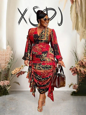 Womens Dresses Long Sleeved Ruffle Drape Dress V Neck Sexy Curvy Dresses Plus