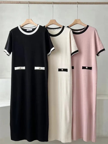 Image of French Style Knit Dress Women O-neck Contrast Color Short Sleeve Casual Midi Long Dresses-FrenzyAfricanFashion.com