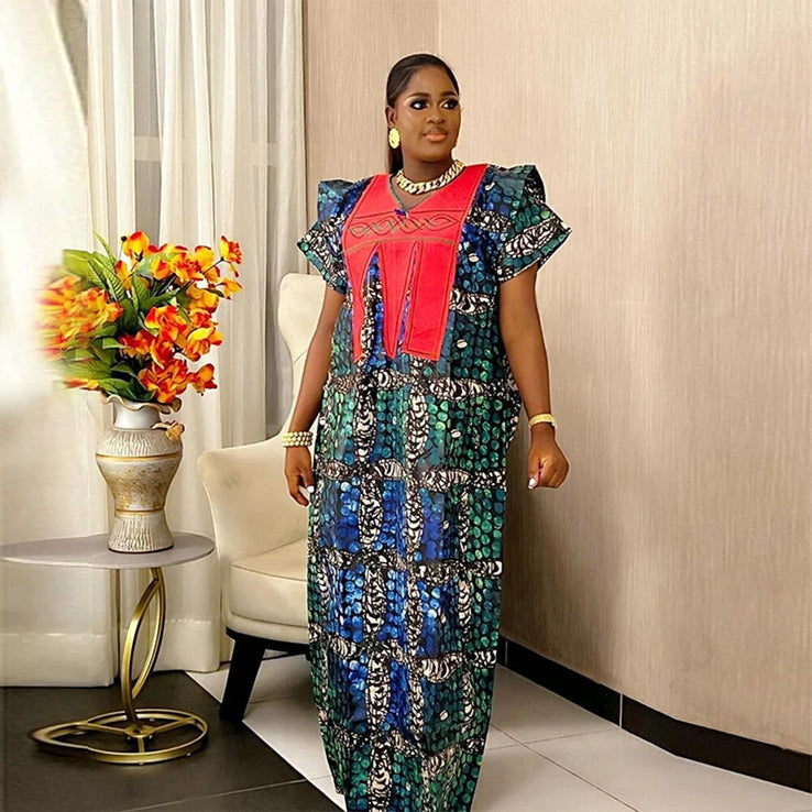 African Dresses For Women Traditional Embroidery Bazin Dress-FrenzyAfricanFashion.com