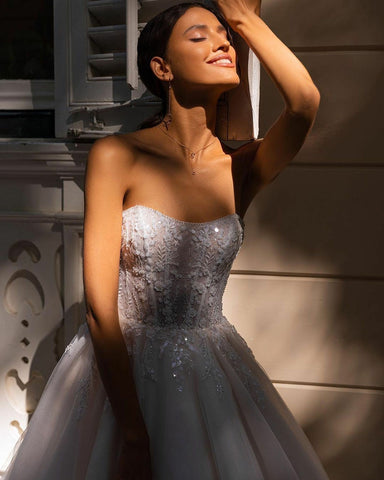 Image of Nelly Boho Wedding Dress Off The Shoulder Sleeveless Vintage Sequin Lace Appliques Bride Dresses-FrenzyAfricanFashion.com