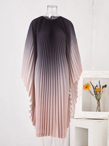 Image of Pleated Gradient Belt Dress For Women Round Neck Batwing Sleeves Fashion Dresses Female-FrenzyAfricanFashion.com