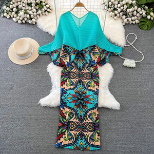 Pleated Spring Summer Women V Neck Batwing Sleeve Holiday Dresses-FrenzyAfricanFashion.com
