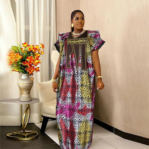 Image of African Dresses For Women Traditional Embroidery Bazin Dress-FrenzyAfricanFashion.com