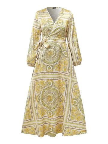 Image of Bohemian Maxi Dress Women Vintage Printed Party Long Sundress Casual V-Neck Loose Lantern Sleeve Satin Robe Belted-FrenzyAfricanFashion.com