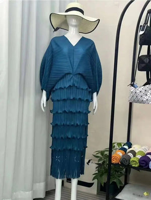 New Maxi Pleated Women V-Neck Batwing Sleeve Evening Party Dresses