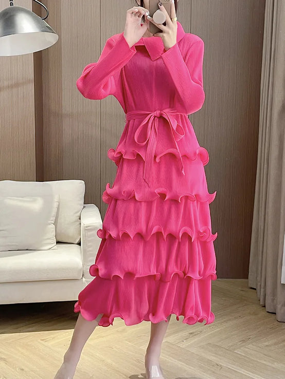 Ruffles Pleated Dress Women Lapel Elegant Dresses With Belt-FrenzyAfricanFashion.com