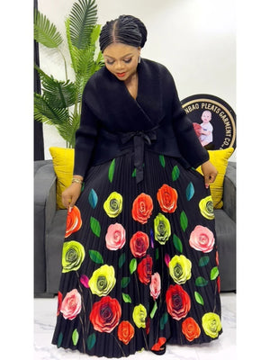 Elegant Party 2 Piece Set Women Belt Batwing Sleeves Tops A-line Print Folds Long Skirt-FrenzyAfricanFashion.com