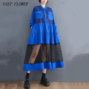 long sleeve oversized mesh vintage dresses for women casual loose spring autumn dress elegant clothing 2023-FrenzyAfricanFashion.com