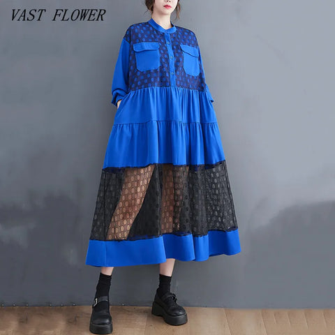 Image of long sleeve oversized mesh vintage dresses for women casual loose spring autumn dress elegant clothing 2023-FrenzyAfricanFashion.com