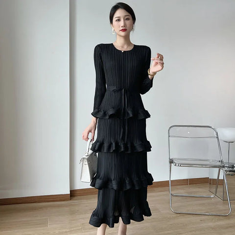 Image of Pleat Dresses Autumn Mid-length Women's Black Dress-FrenzyAfricanFashion.com