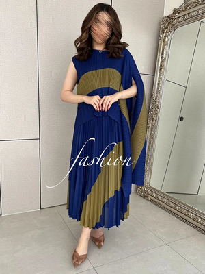 Spring Fashion Pleated Two Piece Set For Women New Irregular Shawl Top + Long Elastic Waist Swing A-line Skirt