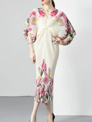 Pleated Dress Women V-neck Print Flowers Batwing Sleeve Loose