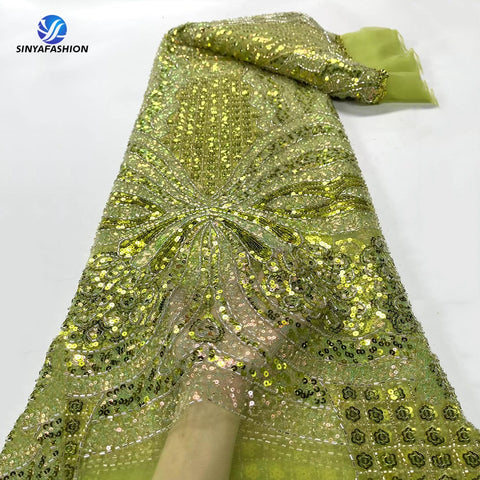 Image of High Quality African Nigerian French Tulle Fully Sequins Luxury Heavy Handmade Beaded Lace Fabric For DIY Wedding Dress-FrenzyAfricanFashion.com