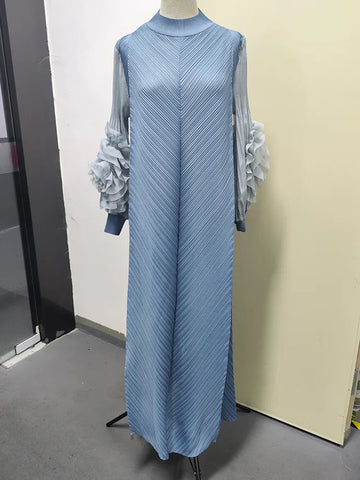 Image of Maxi Pleated Dress Round Neck Spliced Full Sleeve Dresses For Women-FrenzyAfricanFashion.com