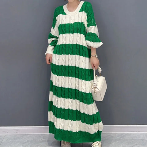 Image of Striped Knit Dress For Women O-neck Full Sleeve Loose-FrenzyAfricanFashion.com