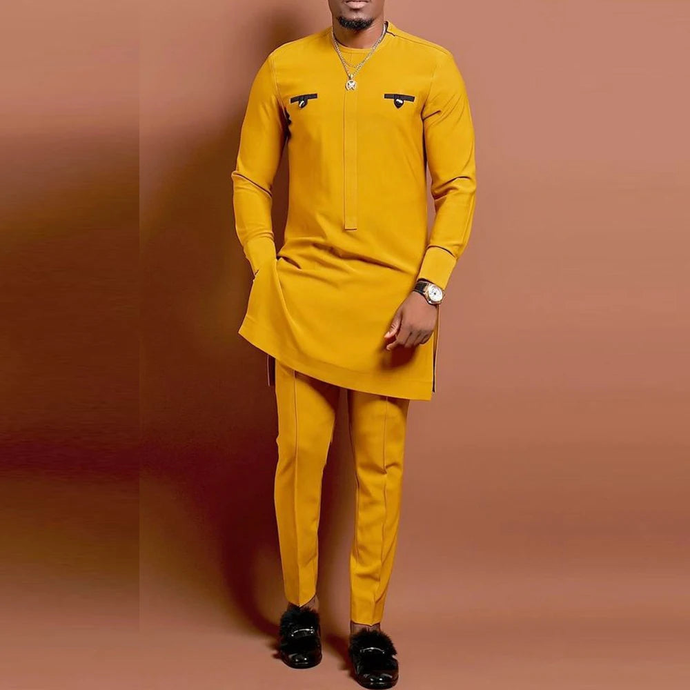 Men's Elegant Long Sleeve Suit Shirt Pants 2-piece Solid Color Party Long Sleeve African Ethnic Style-FrenzyAfricanFashion.com