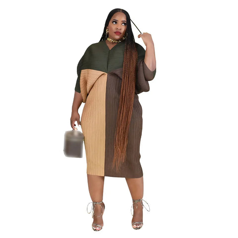 Image of Casual Loose Dress Women Long Batwing Sleeve Pleated Pencil Dresses-FrenzyAfricanFashion.com