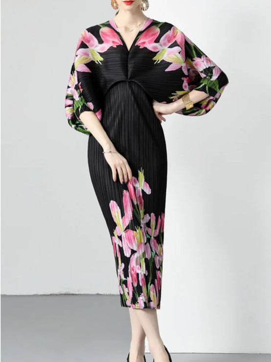 Pleated Dress Women V-neck Print Flowers Batwing Sleeve Loose-FrenzyAfricanFashion.com
