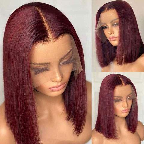Image of Straight Short Bob Human Hair Wig For Women Blunt Cut Bone Straight Lace Frontal Wigs Burgundy 99J Lace Front Bob Wig Straight-FrenzyAfricanFashion.com