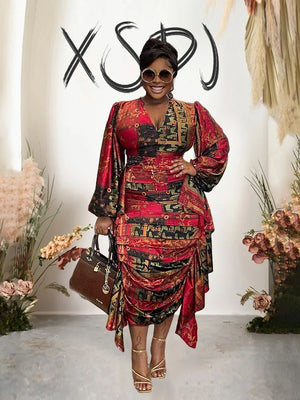 Womens Dresses Long Sleeved Ruffle Drape Dress V Neck Sexy Curvy Dresses Plus-FrenzyAfricanFashion.com