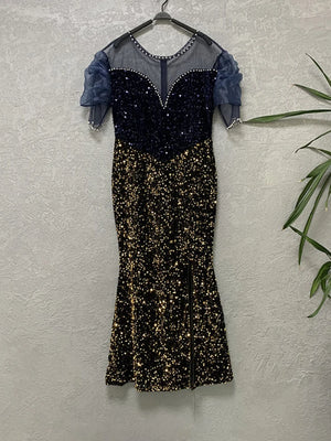 Sequins Long Party Dresses Ruffles Sleeve Beading High Slit