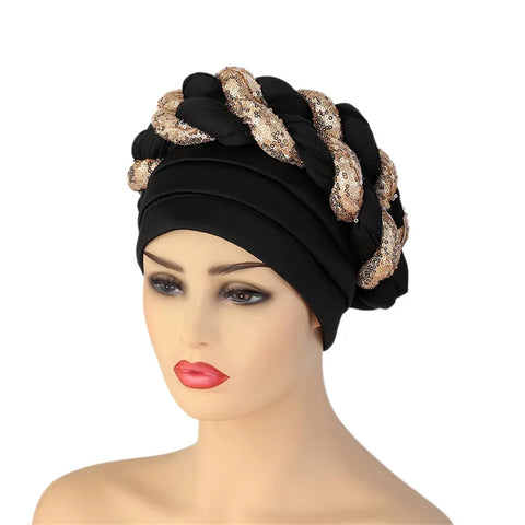 Image of Sequins Braid Turban Cap for women African autogele Headtie-FrenzyAfricanFashion.com