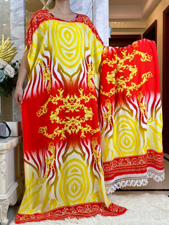 African Dress With Big Scarf Short Sleeve-FrenzyAfricanFashion.com