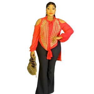Casual Pant Sets 2 Piece Women Long Sleeve Sequins Blouses Tops And Straight Pants Suits Outfits Two Piece Matching Set Outfit-FrenzyAfricanFashion.com