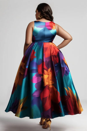 Multicolored Floral Printed Tank Dress for Women Round Neck Pleated A-Line Vintage Casual Elegant Ethnic Sleeveless Long Dress