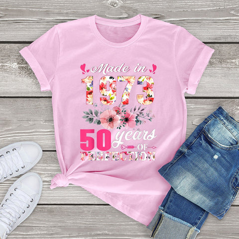 Image of Born In 1973 Floral 50 Years Old Birthday Women T-Shirt Printed Top Unisex Casual Tee Streetwear-FrenzyAfricanFashion.com