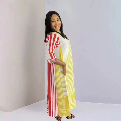 Image of New Miyake Pleated Stripe Print Dress Fashion Relaxed Party Temperament Long Dress Spring Elegant Women's-FrenzyAfricanFashion.com