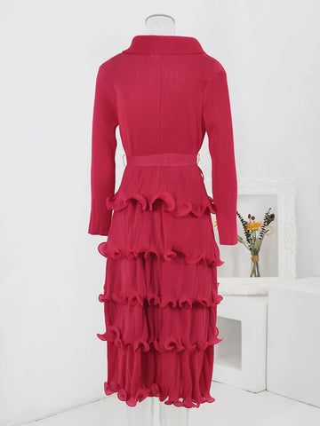 Image of Ruffles Pleated Dress Women Lapel Elegant Dresses With Belt-FrenzyAfricanFashion.com