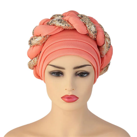 Image of Sequins Braid Turban Cap for women African autogele Headtie-FrenzyAfricanFashion.com