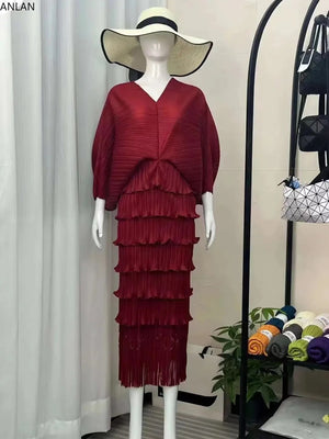 New Maxi Pleated Women V-Neck Batwing Sleeve Evening Party Dresses-FrenzyAfricanFashion.com