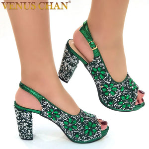 Venus Chan Nigerian Green Color Women's Party High Heel Shoes Full Diamond Design Fashion Summer Sandals Wedding Ladies Shoes-FrenzyAfricanFashion.com