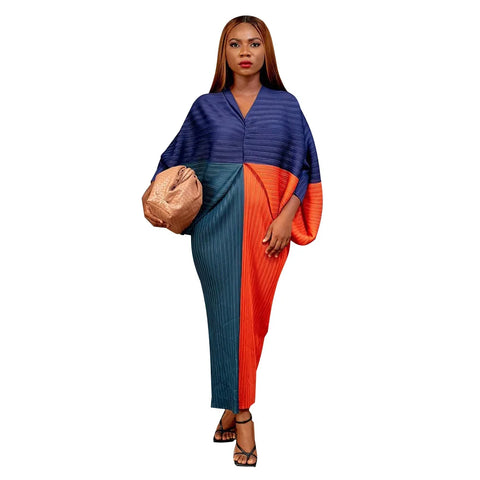 Image of Casual Loose Dress Women Long Batwing Sleeve Pleated Pencil Dresses-FrenzyAfricanFashion.com