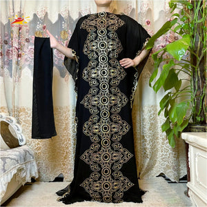 Women Abaya African Embroidery Flower Dress With Scarf